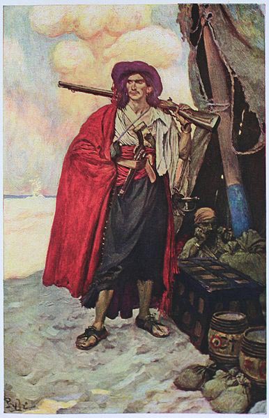 The Buccaneer was a Picturesque Fellow: illustration of a pirate, dressed to the nines in piracy attire.